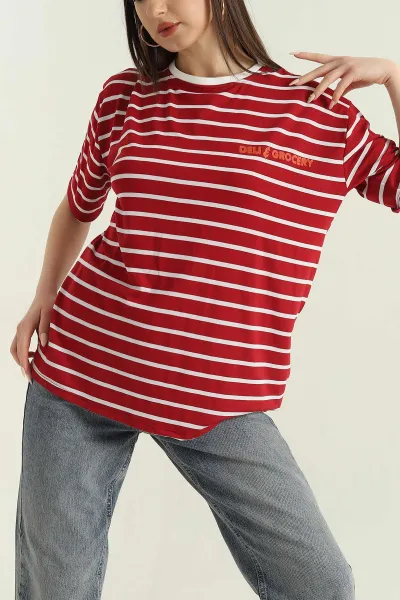 Kırmızı Çizgili Oversize Kadın Tişört 354283