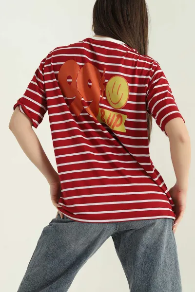 Kırmızı Çizgili Oversize Kadın Tişört 354283