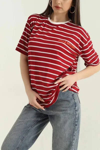 Kırmızı Çizgili Oversize Kadın Tişört 354283