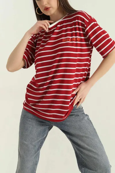 Kırmızı Çizgili Oversize Kadın Tişört 354283