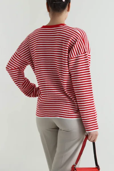 Kırmızı Çizgili Oversize Kadın Triko Kazak 487644