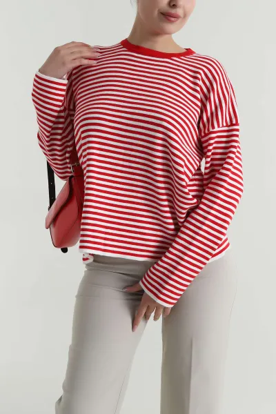 Kırmızı Çizgili Oversize Kadın Triko Kazak 487644