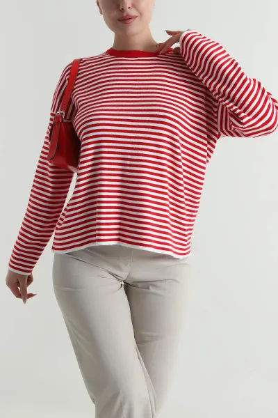 Kırmızı Çizgili Oversize Kadın Triko Kazak 487644
