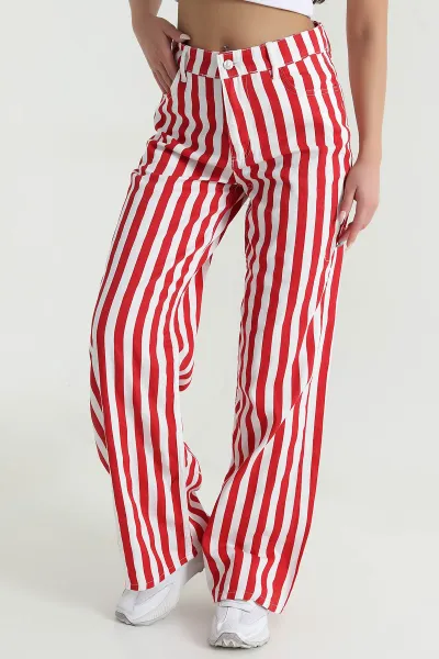 Kırmızı Çizgili Palazzo Denim Kadın Pantolon 469288