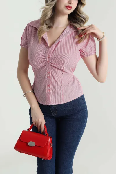 Kırmızı Çizgili Poplin Kadın Gömlek 481006