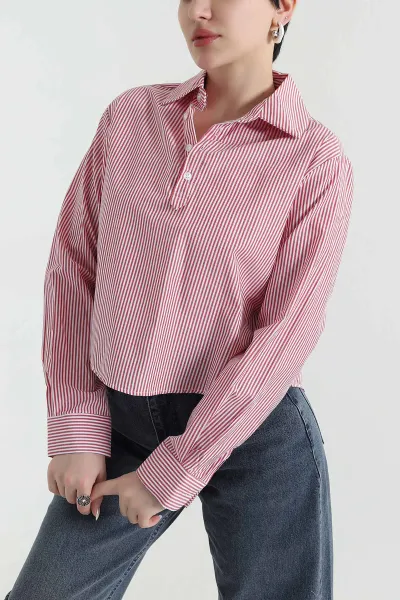 Kırmızı Çizgili Poplin Kadın Gömlek Bluz 445797