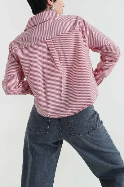 Kırmızı Çizgili Poplin Kadın Gömlek Bluz 445797