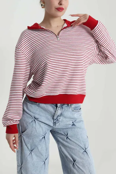 Kırmızı Çizgili Üç İp Kadın Sweat 491701