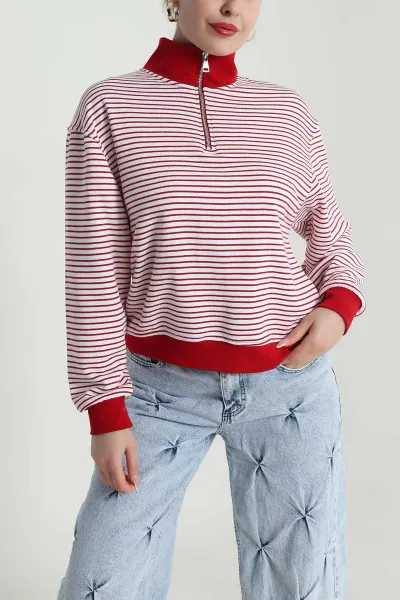 Kırmızı Çizgili Üç İp Kadın Sweat 491701