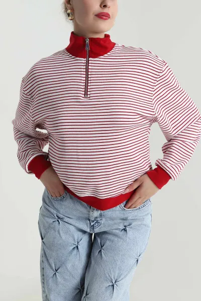 Kırmızı Çizgili Üç İp Kadın Sweat 491701