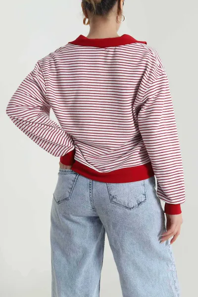 Kırmızı Çizgili Üç İp Kadın Sweat 491701