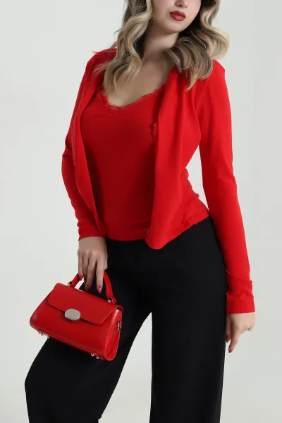 Kırmızı Cospan Atlet Dantelli Düğmeli Kadın Hırka 485351
