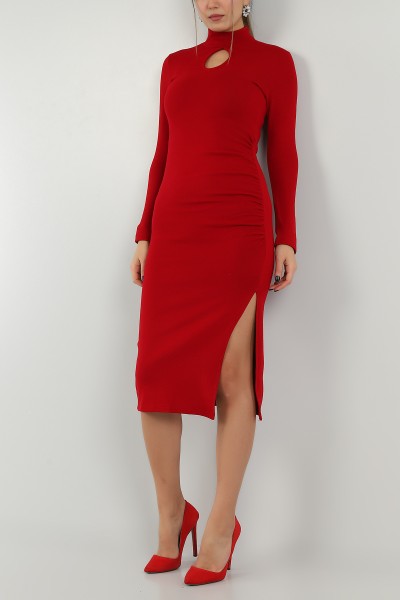Kırmızı Damla Yaka Büzgülü Triko Elbise 146770