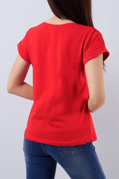 Kırmızı Dantel İşleme Detaylı Bayan Tişört 15768B