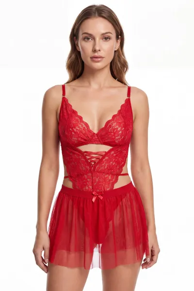 Kırmızı Dantel İşlemeli Seksi Mini Tül Fantezi Gecelik 482605