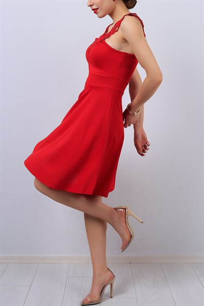 Kırmızı Dantel Yaka Bayan Elbise 13940B