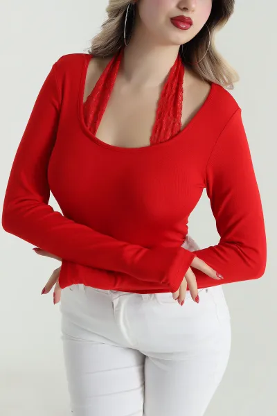 Kırmızı Dantelli Buzzy Kadın Bluz 497194