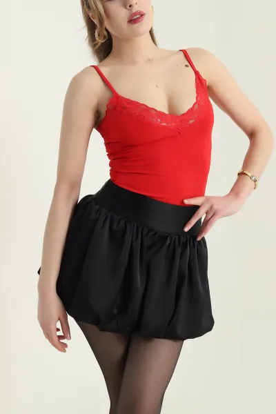 Kırmızı Dantelli İp Askılı Scuba Kadın Bluz 432374