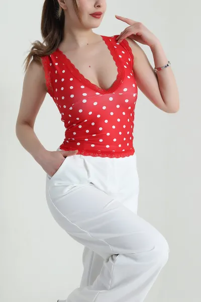 Kırmızı Dantelli Puantiyeli Sandy Kadın Bluz 459003