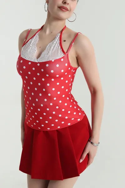 Kırmızı Dantelli Puantiyeli Scuba Kadın Bluz 471642