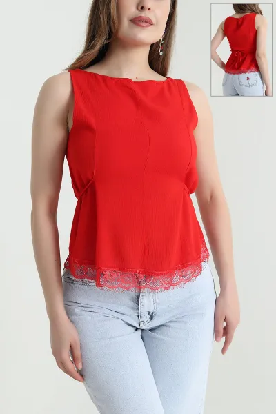 Kırmızı Dantelli Tasarım Kolsuz Kadın Bluz 469208