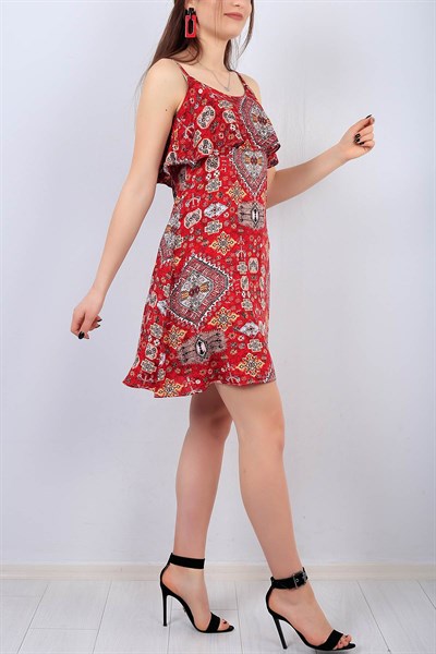 Kırmızı Desenli Bayan Askılı Elbise 14755B