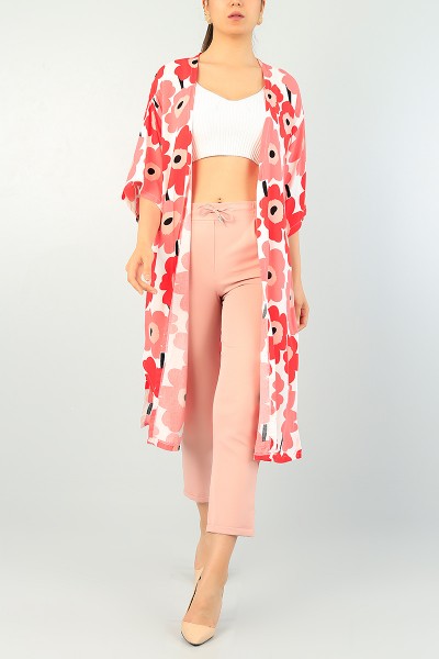Kırmızı Desenli Dokuma Viskon Kimono 69953