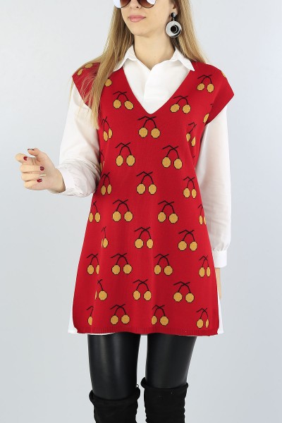 Kırmızı Desenli Triko Süveter Gömlek Bayan İkili Takım 54595