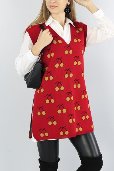 Kırmızı Desenli Triko Süveter Gömlek Bayan İkili Takım 54595