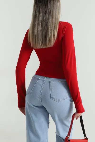 Kırmızı Dik Yaka Dalgıç Kadın Bluz 487339