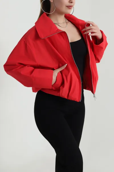 Kırmızı Dik Yaka Fethiye Kumaş Kadın Bomber Mont 490553