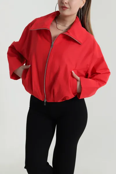 Kırmızı Dik Yaka Fethiye Kumaş Kadın Bomber Mont 490553