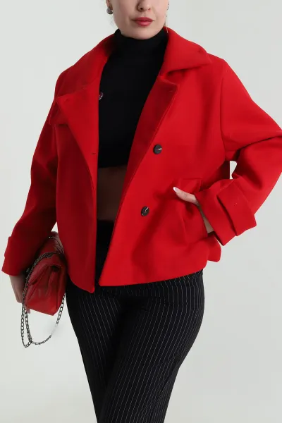 Kırmızı Dik Yaka Kaşe Kadın Mont 491612