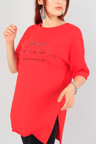 Kırmızı Duble Kol Bayan Taş İşlemeli Tişört  37930