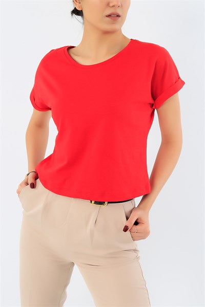 Kırmızı Duble Kol Crop Tişört 29697B