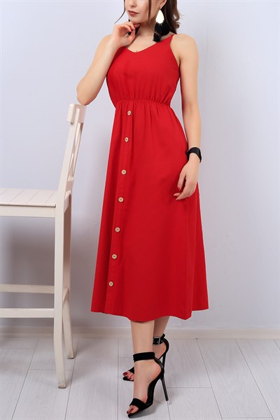 Kırmızı Düğme Detay Askılı Bayan Elbise 13131B
