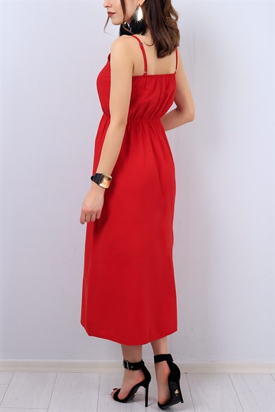 Kırmızı Düğme Detay Askılı Bayan Elbise 13131B