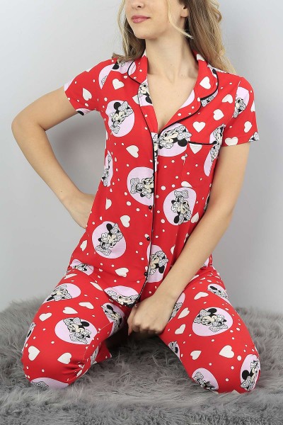 Kırmızı Düğmeli Baskılı Bayan Pijama Takımı 54951