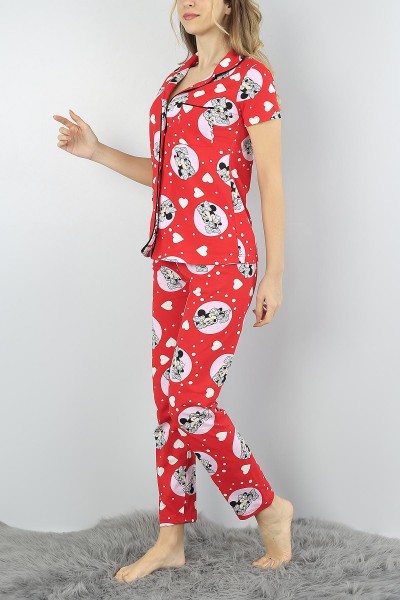 Kırmızı Düğmeli Baskılı Bayan Pijama Takımı 54951