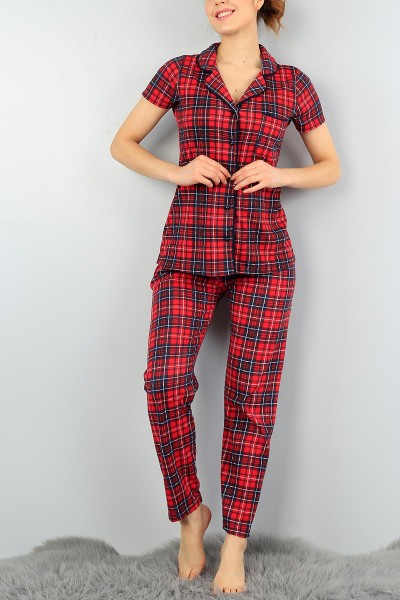 Kırmızı Düğmeli Baskılı Bayan Pijama Takımı 57430