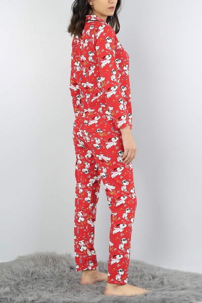Kırmızı Düğmeli Bayan  Baskılı Pijama Takımı 54938
