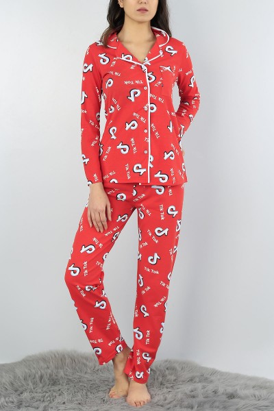 Kırmızı Düğmeli Bayan  Baskılı Pijama Takımı 54940