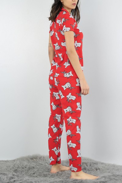 Kırmızı Düğmeli Bayan  Baskılı Pijama Takımı 54959