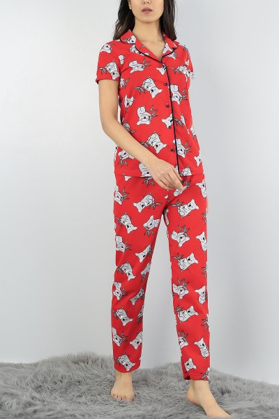 Kırmızı Düğmeli Bayan  Baskılı Pijama Takımı 54959