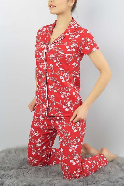 Kırmızı Düğmeli Bayan Baskılı Pijama Takımı 54964