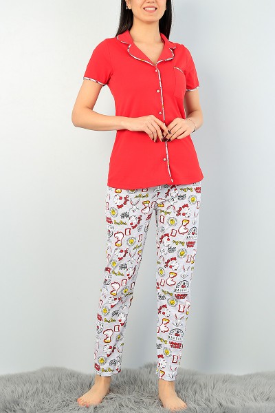 Kırmızı Düğmeli Bayan  Baskılı Pijama Takımı 62868