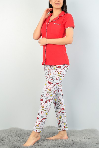 Kırmızı Düğmeli Bayan  Baskılı Pijama Takımı 62868
