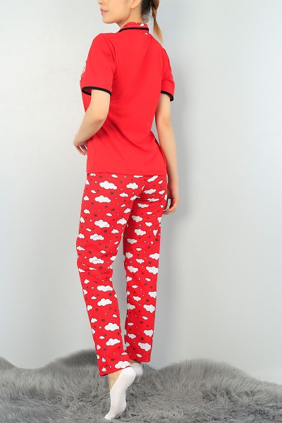 Kırmızı Düğmeli Bayan  Baskılı Pijama Takımı 64946