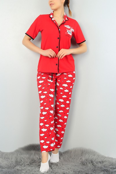 Kırmızı Düğmeli Bayan  Baskılı Pijama Takımı 64946