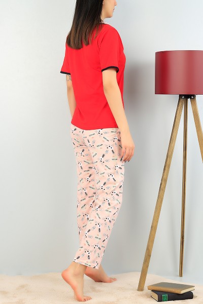 Kırmızı Düğmeli Bayan Pijama Takımı 64943